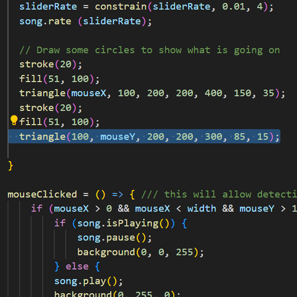 The code for the triangles. Originally it didn't work too well because I put in massive numbers. The triangles were either too big or too far away from the main screen.