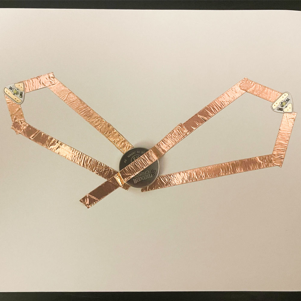 This was attempt number one to try and get both wings working. I definitely did something wrong with the circuit. I don't think I should've connected both wings to the bottom of the battery. 