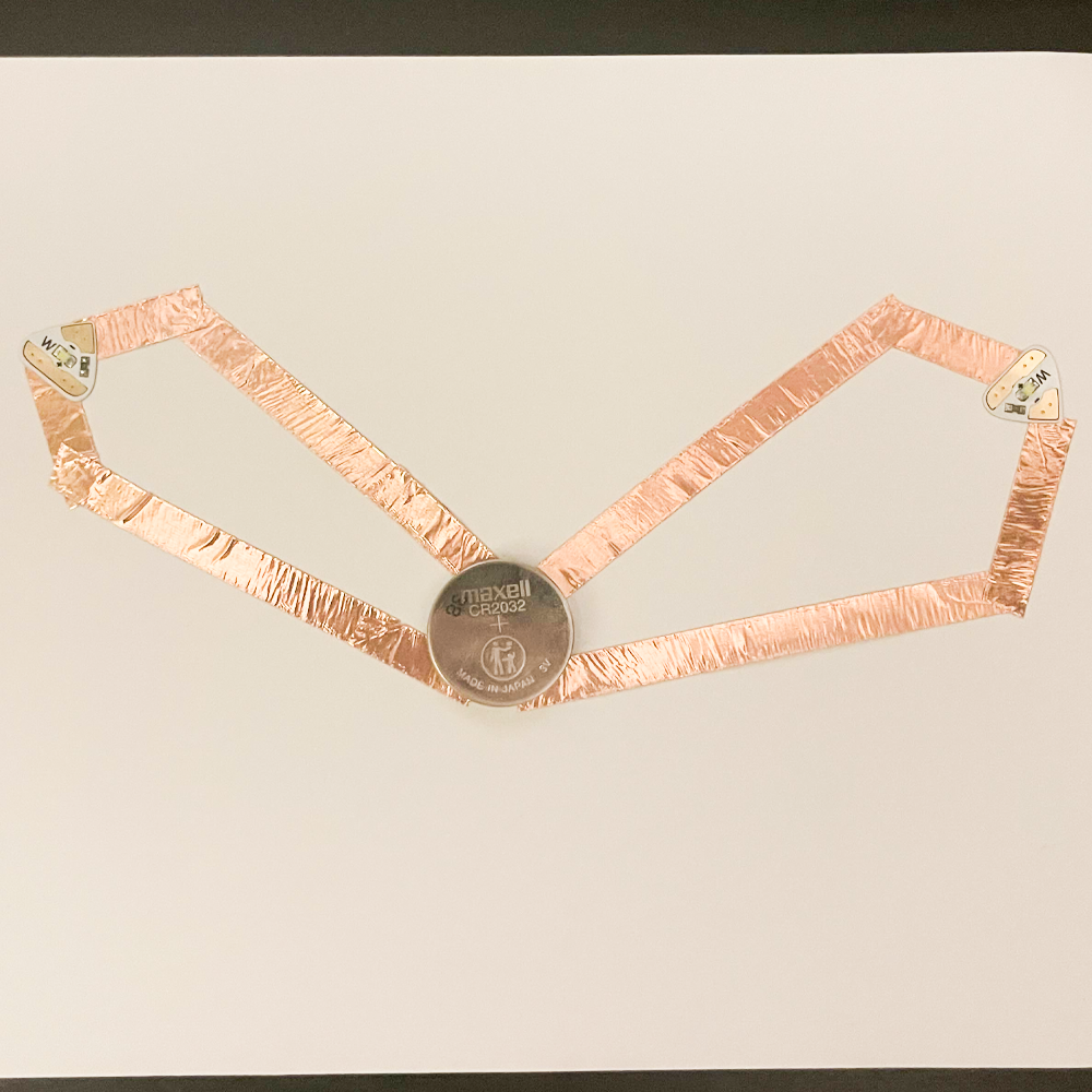 This was my second attempt to get the wings circuit working. It still did not work at all. This time was because I forgot to put copper tape on top of the battery.